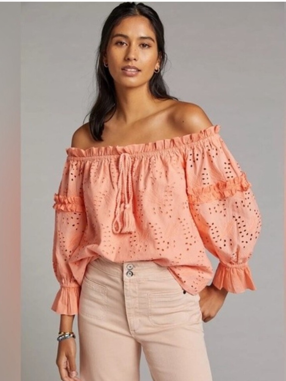 NWT Anthropologie light Orange Eyelet Off-Shoulder Peasant Top
